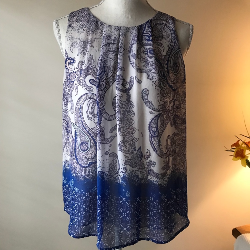 Flowy blue & white print blouse